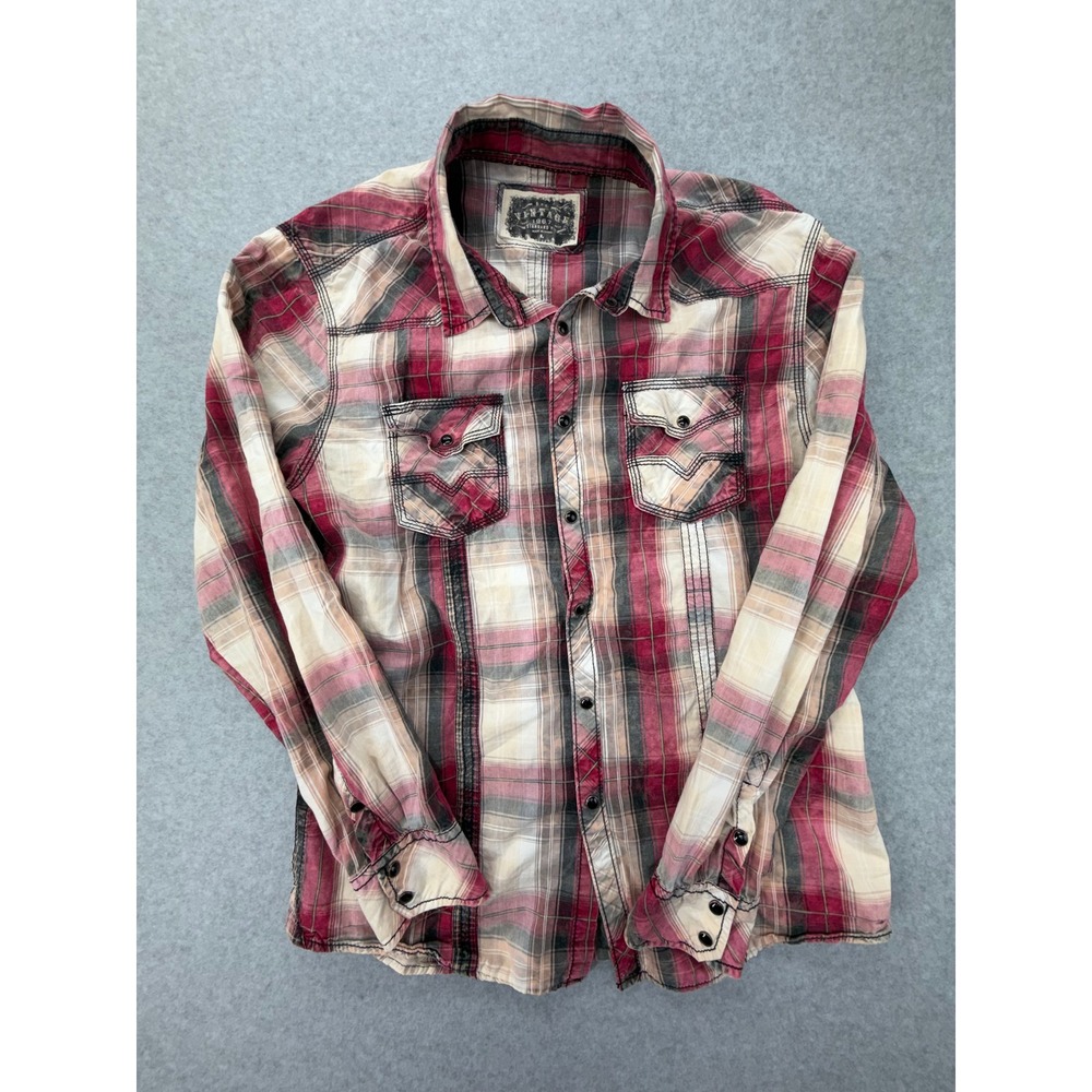 BKE Vintage Mens Plaid Button‎ Down Shirt Red Cream Black Standard Fit Large